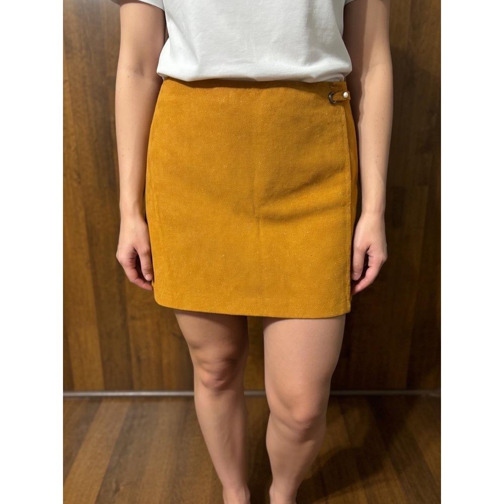 Banana Republic Mustard Yellow Wool Blend Mini Skirt Buckle Size 14 Career Retro